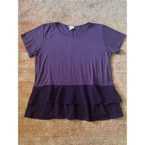 YELETE Women’s T-shirt Blouse with chiffon peplum Stretch Short Sleeve Size L